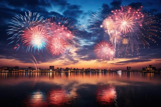 Vibrant new years banner with fireworks and cheering crowd. Generative AI.