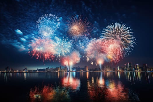 Vibrant new years banner with fireworks and cheering crowd. Generative AI.