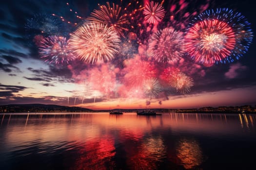 Vibrant new years banner with fireworks and cheering crowd. Generative AI.