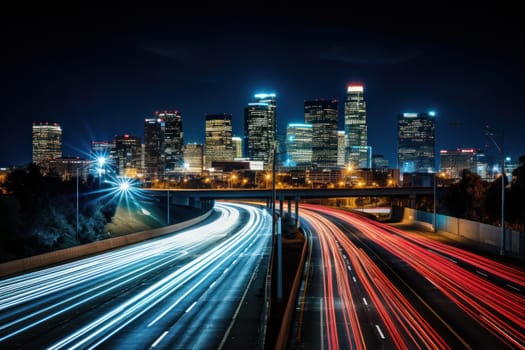 Night city long exposure photography. Generative AI.