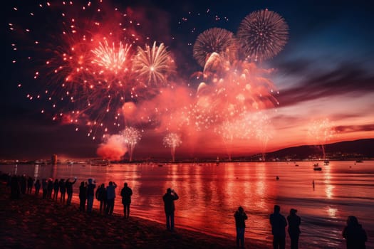 Vibrant new years banner with fireworks and cheering crowd. Generative AI.