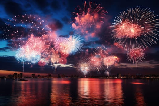 Vibrant new years banner with fireworks and cheering crowd. Generative AI.