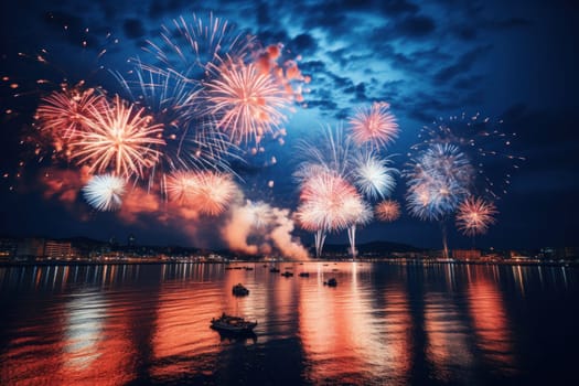 Vibrant new years banner with fireworks and cheering crowd. Generative AI.