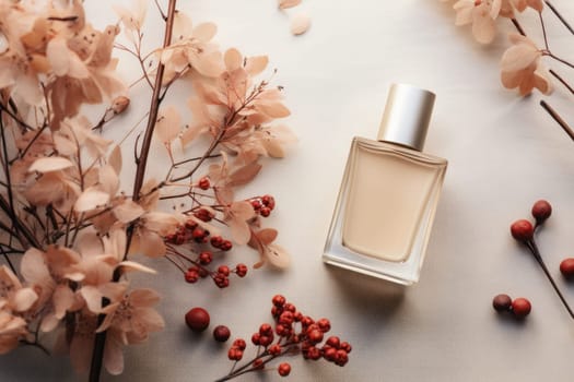Simple product set of makeup and perfume taken from above, autumn theme. Generative AI.