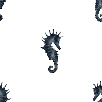 Watercolor seahorse pattern on a white background. Hand drawn illustration of a seahorse in blue colors. Drawing of wild animals of the ocean. Underwater life for printing on textiles and packaging paper. High quality photo