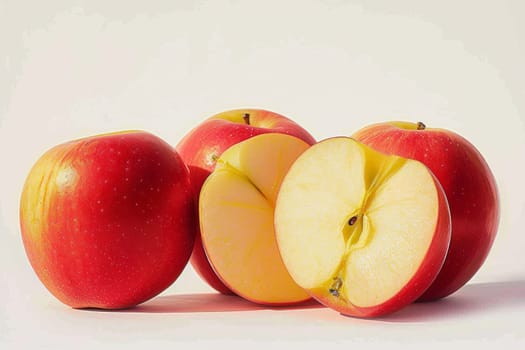 Three pieces of sliced red apples on a white background.