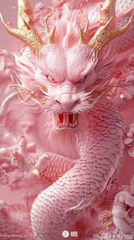 ornate pink and golden Chinese dragon on pink background Chinese dragon with pink body, golden scales , pink background.