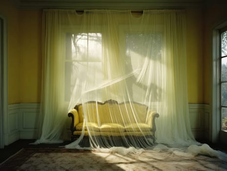 Sunlit Serenity: Vintage Interior of an Empty Bedroom Amidst Bright Morning Light and Shadowy Curtains