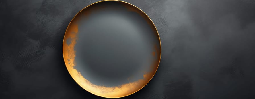 Empty plate on black table with clean round ceramic dishware, top view.