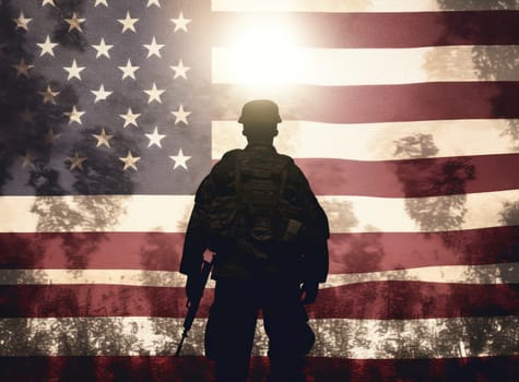 Silhouette of a United States Army Soldier Saluting the American Flag in a War Memorial Background