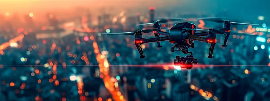 An unmanned aerial vehicle, commonly known as a drone, hovers midair with a high-definition camera attached, capturing footage of a bustling cityscape at twilight, its lights shimmering, bokeh effect.