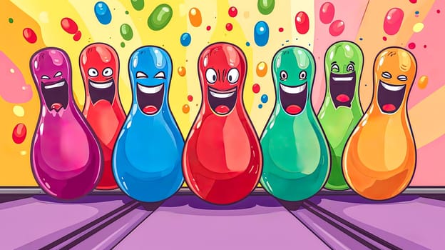 anthropomorphic bowling pins with joyful expressions in a rainbow of hues against a backdrop of playful splashes and drips, suggesting a fun and lively atmosphere at a bowling alley