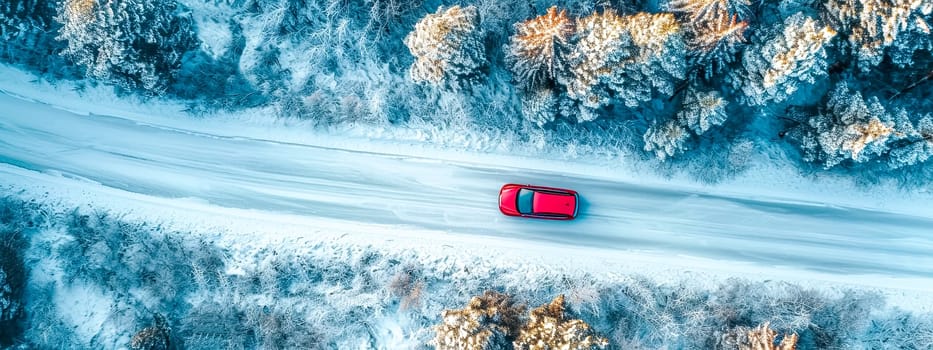 An aerial shot captures a solitary red car traversing a snowy mountain road, contrasting dark hues of the surrounding coniferous forest dusted with snow, adventure and isolation in the wilderness.