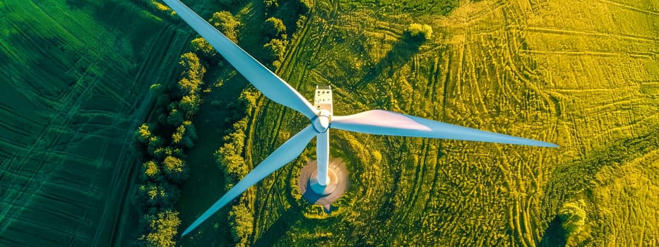 An aerial view showcases the grandeur of renewable energy in action with a wind turbine, its large blades casting long shadows on the ground as they harness the power of the wind.