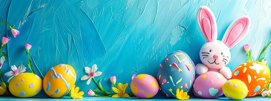A festive Easter setting with a plush bunny surrounded by vibrantly painted eggs and spring flowers against a bright blue textured backdrop, embodying the joyful spirit of the holiday.