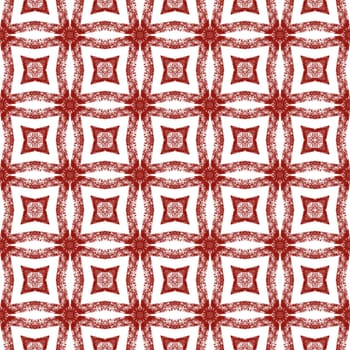 Ikat repeating swimwear design. Wine red symmetrical kaleidoscope background. Textile ready exquisite print, swimwear fabric, wallpaper, wrapping. Summer ikat sweamwear pattern.