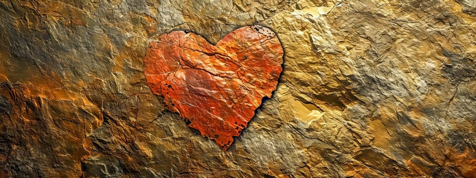 A textured heart shape carved into a rock surface, creating a stark contrast of deep red against gold, evoking a sense of enduring love etched in stone.