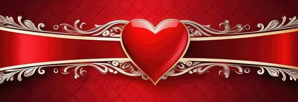 St. Valentines day, wedding banner with red ornamental heart on red background. Use for love sale banner, voucher, greeting card. Copy space. Beautiful love background for valentines day greeting card