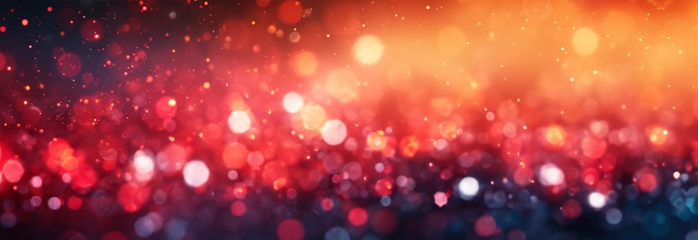 Banner Gold and red particles waves glittering. Red sparkles glitter and rays lights bokeh abstract holiday background texture. Festive abstract design web banner