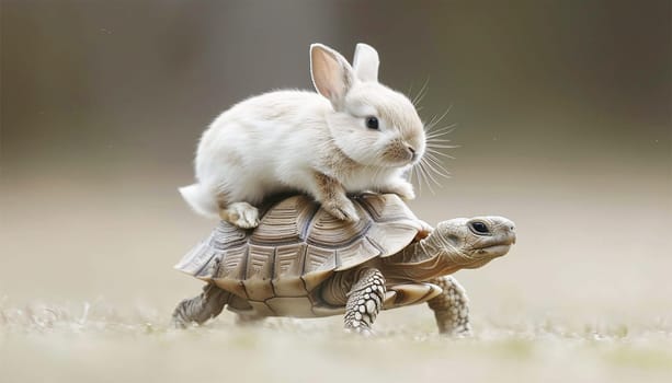 Rabbit sits on running turtle. while the tortoise runs slow the rabbit's fast run race the trees woodland fairy tale book the hare and the tortoise struggle story race Copy space space for text