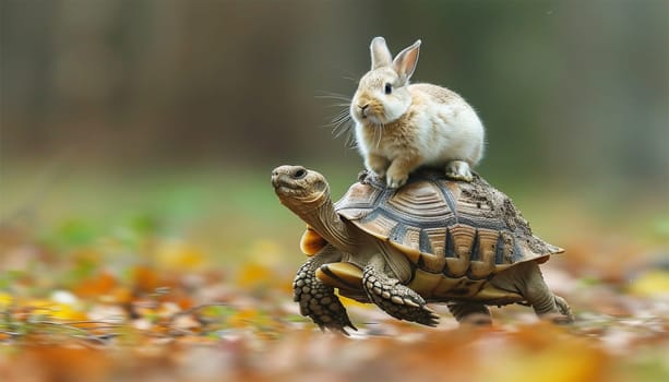 Rabbit sits on running turtle. while the tortoise runs slow the rabbit's fast run race the trees woodland fairy tale book the hare and the tortoise struggle story race Copy space space for text