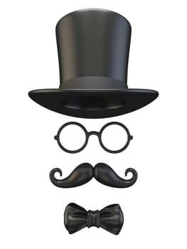 Black man mask with cylinder, glasses, mustache and bow tie 3D rendering illustration isolated on white background