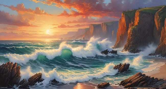 Fantasy seascape. Colorful sunset over ocean. Beautiful seascape with ocean waves and cliffs at sunset.Digital painting.Beautiful seascape at sunset.