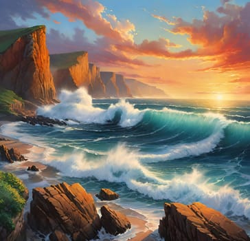 Fantasy seascape. Colorful sunset over ocean. Beautiful seascape with ocean waves and cliffs at sunset.Digital painting.Beautiful seascape at sunset.