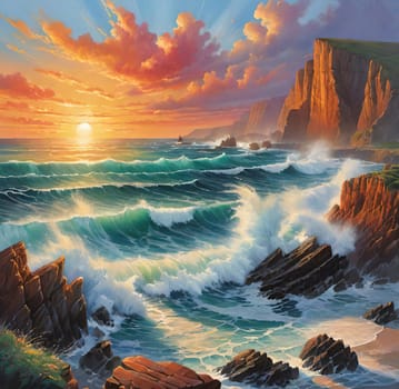 Fantasy seascape. Colorful sunset over ocean. Beautiful seascape with ocean waves and cliffs at sunset.Digital painting.Beautiful seascape at sunset.