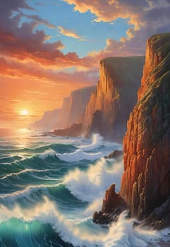 Fantasy seascape. Colorful sunset over ocean. Beautiful seascape with ocean waves and cliffs at sunset.Digital painting.Beautiful seascape at sunset.