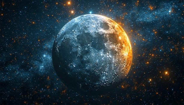 Universe space milky way galaxy with moon. The infinite deep space cosmos. Grainy texture and soft-focus background. Night sky Milky way with full Moon and universe. Copy space Space for text