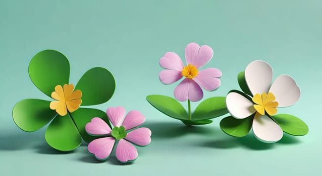 Clover with flowers on background. 3d illustration.3d render of four leaf clover with flower .clover leaf with flower.