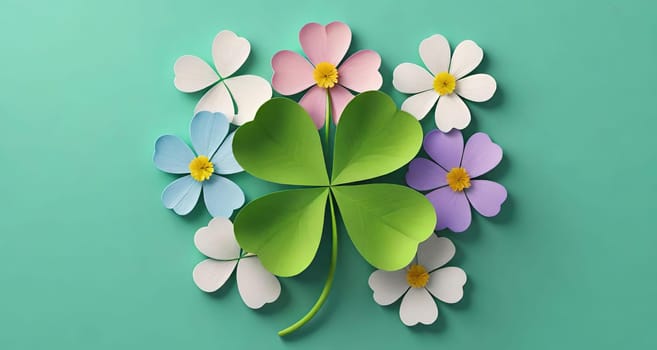 Clover with flowers on background. 3d illustration.3d render of four leaf clover with flower .clover leaf with flower.