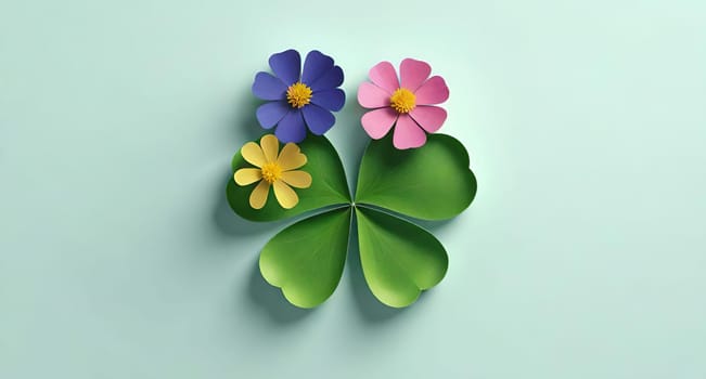 Clover with flowers on background. 3d illustration.3d render of four leaf clover with flower .clover leaf with flower.