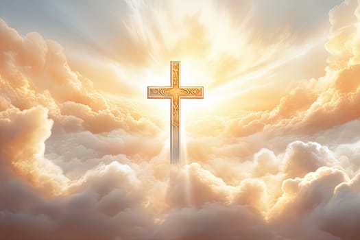 Christian cross and divine light through the clouds around cross in sky, enchanting light and peach fuzz tones on heaven, religion concept