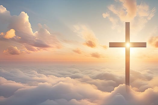 Christian cross and divine light through the clouds in sky, enchanting light on heaven, religion concept, copy space