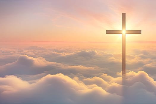 Christian cross and divine light through the clouds in sky, enchanting light on heaven, religion concept, copy space