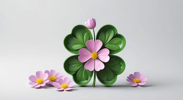 Clover with flowers on background. 3d illustration.3d render of four leaf clover with flower .clover leaf with flower.