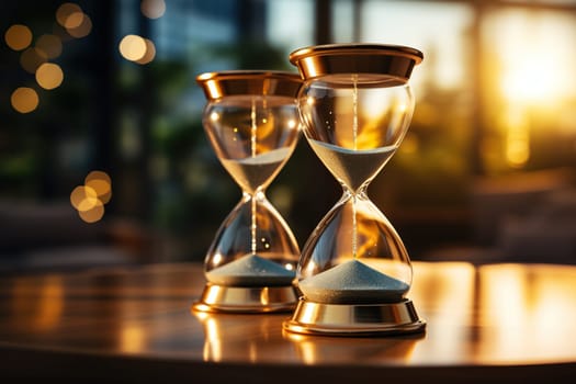 Elegant hourglass on a wooden surface with golden bokeh background.
