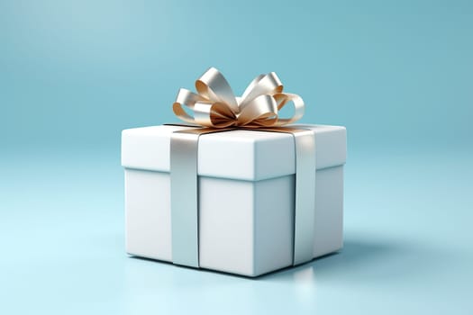 White gift box with gold ribbon in 3D style.