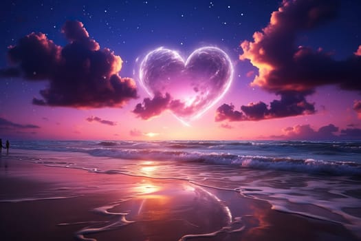 Pink heart in the sky over the sea. Romantic landscape.