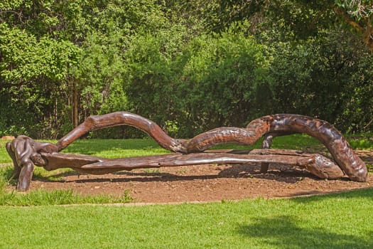 A rustic bench made from tree trunks in the Walter Sisulu Botanical Gardens, Johannesburg South Africa