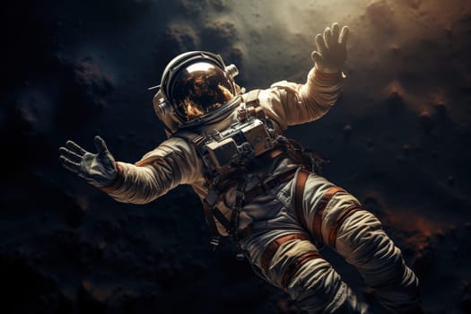 An astronaut in a vintage spacesuit in flight above the surface of the planet.