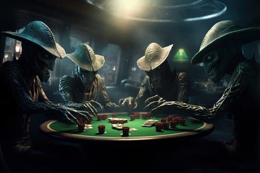 Aliens play poker at a gaming table in a dark room.