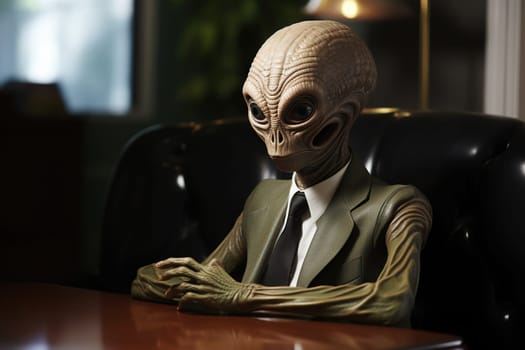 An alien dressed as a businessman sits at a table.