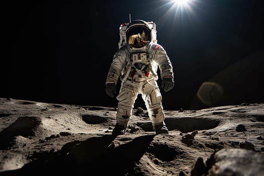 An astronaut in a spacesuit on the surface of the Moon. View from space.