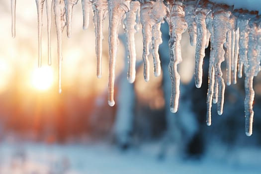 Ice icicles under the roof melt in the light of the sun.