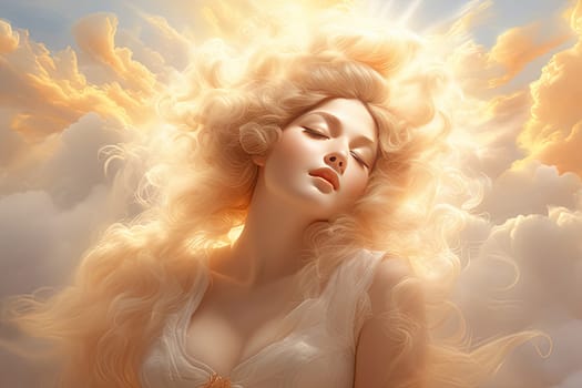 Airy art portrait of enchanting goddess woman with divine light on clouds sky in Renaissance style, tender peach fuzz tone