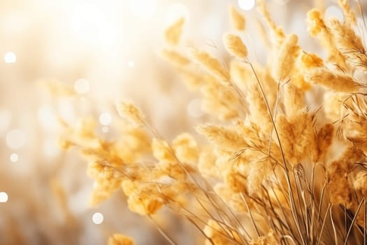 Abstract natural background with fluffy stems of tall grass on a bokeh background. Dry soft grass.