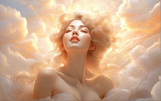 Airy art portrait of enchanting goddess woman with divine light on clouds sky in Renaissance style, tender peach fuzz tone
